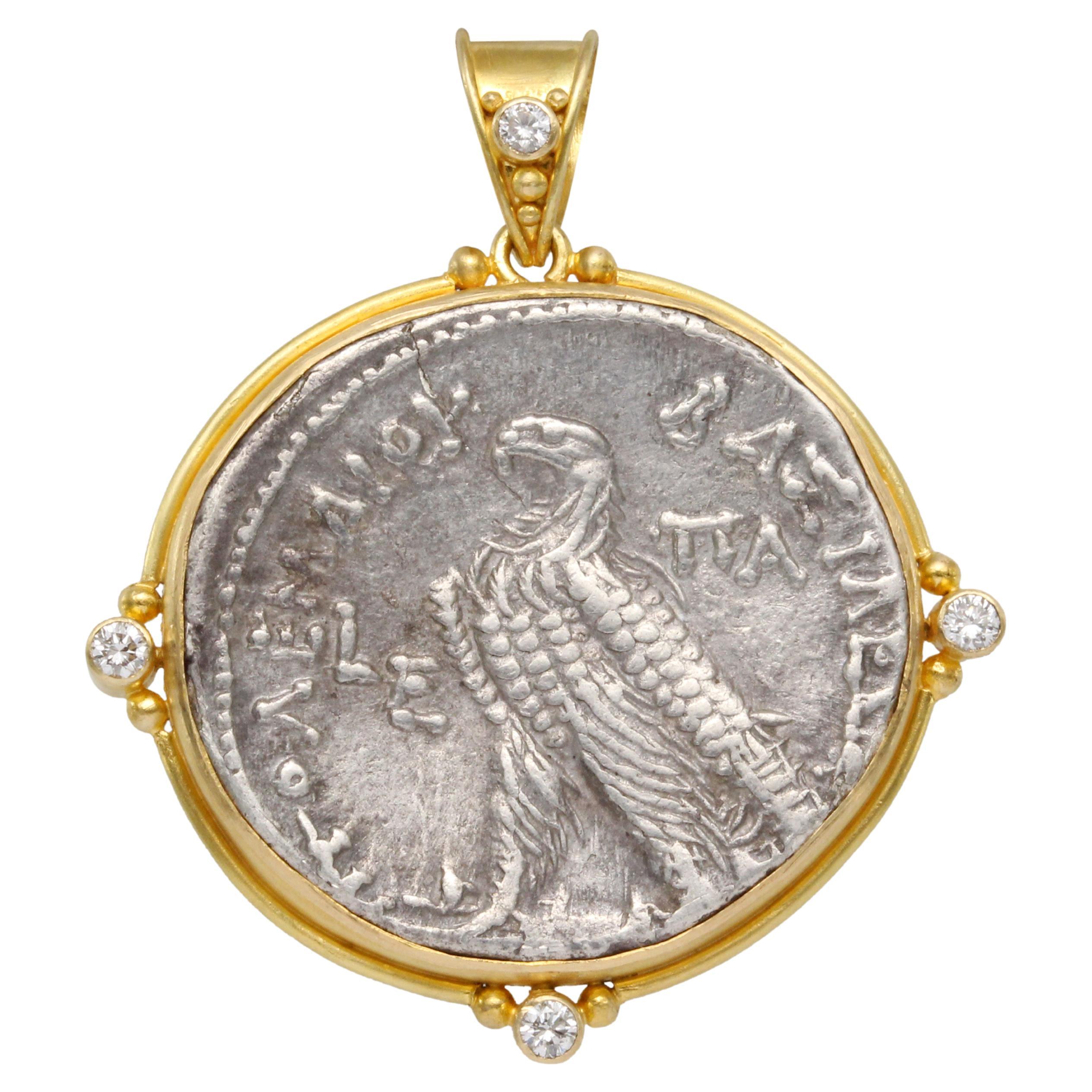 Ancient Greek 2nd Century BC Ptolemeic Eagle Coin Diamonds 18K Gold Pendant  For Sale