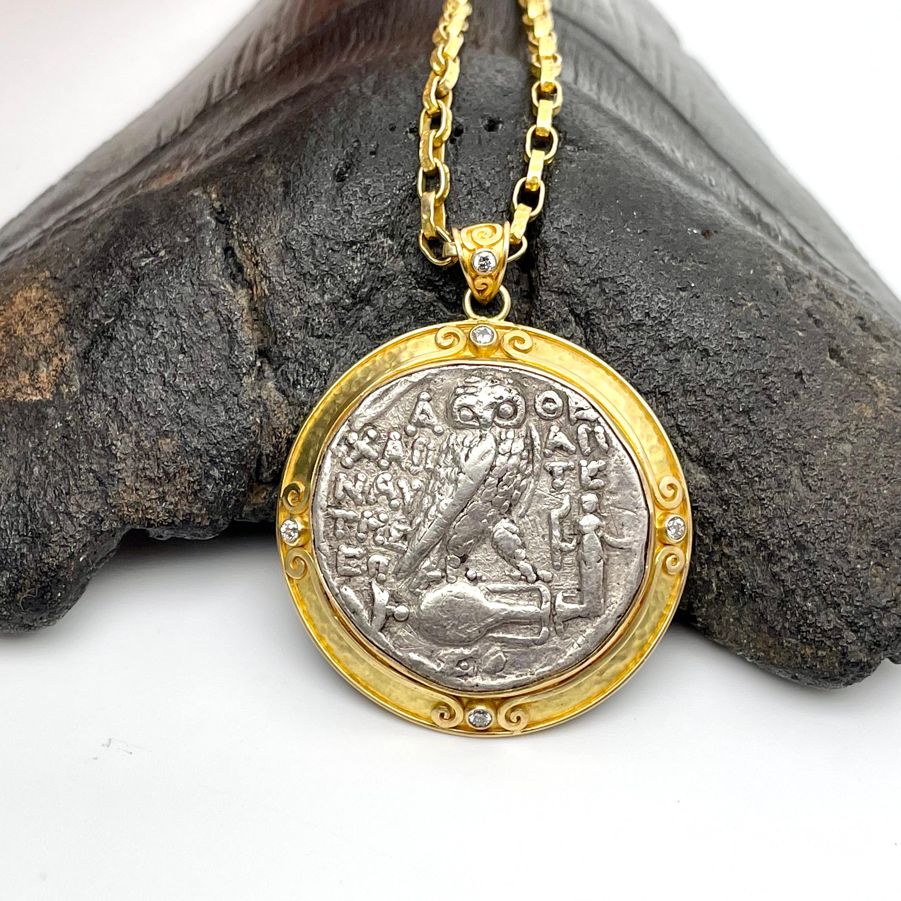 Classical Greek Ancient Greek 2nd Century BCE Athena Owl Coin Diamonds 18K Gold Pendant For Sale