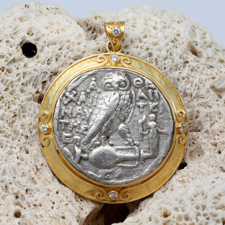 Rose Cut Ancient Greek 2nd Century BCE Athena Owl Coin Diamonds 18K Gold Pendant For Sale