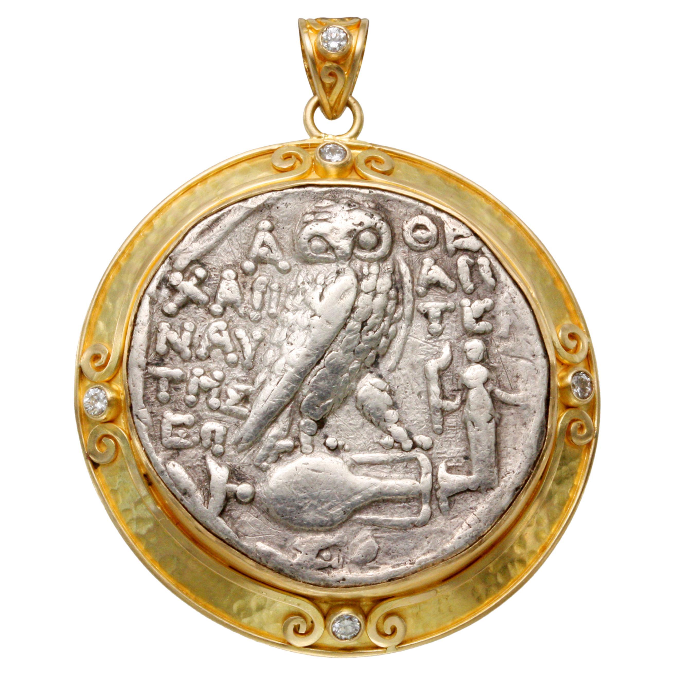 Ancient Greek 2nd Century BCE Athena Owl Coin Diamonds 18K Gold Pendant For Sale