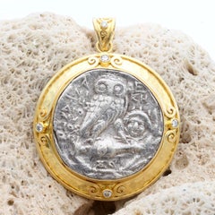 Ancient Greek 2nd Century BCE Athena Owl/Gorgon Coin Diamonds 18K Gold Pendant