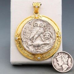 Ancient Greek 2nd Century BCE Athena Owl/Gorgon Coin Diamonds 18K Gold Pendant