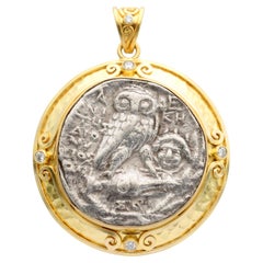 Ancient Greek 2nd Century BCE Athena Owl/Gorgon Coin Diamonds 18K Gold Pendant