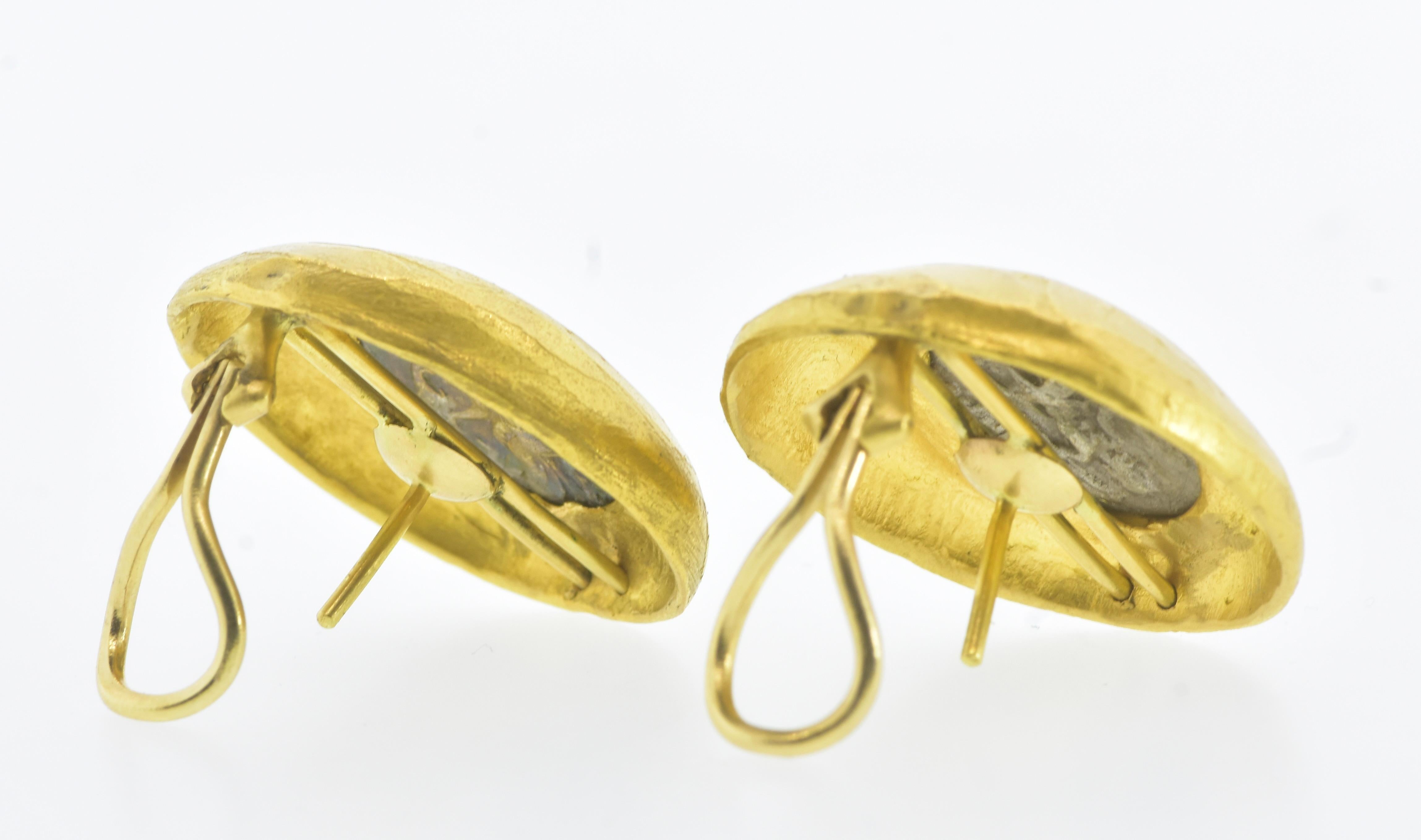 Ancient Greek, 330 B.C, Silver Coins Set in 22K Gold Hand Hammered Earrings. For Sale 5