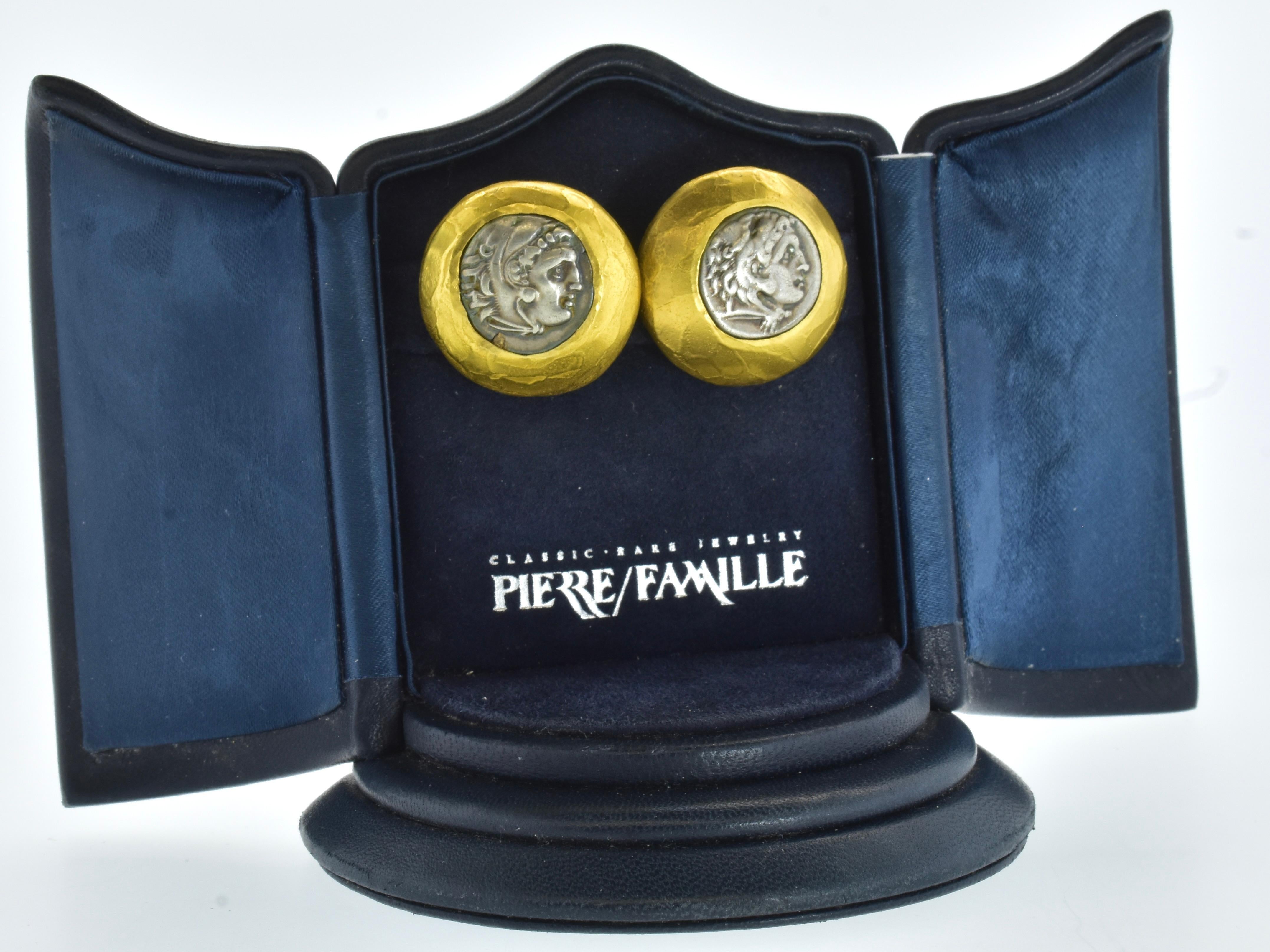 Ancient Greek, 330 B.C, Silver Coins Set in 22K Gold Hand Hammered Earrings. For Sale 7
