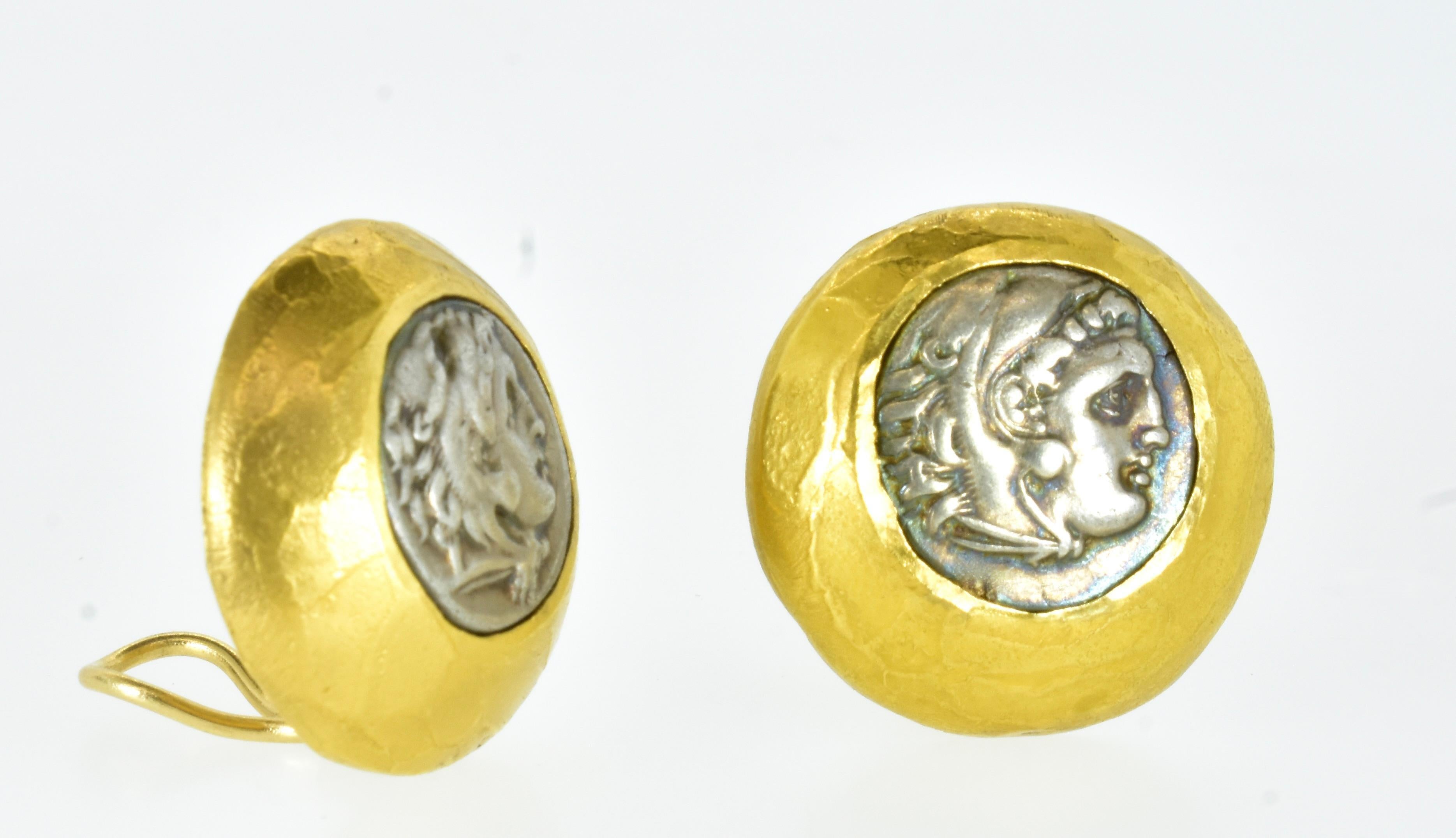 Contemporary Ancient Greek, 330 B.C, Silver Coins Set in 22K Gold Hand Hammered Earrings.