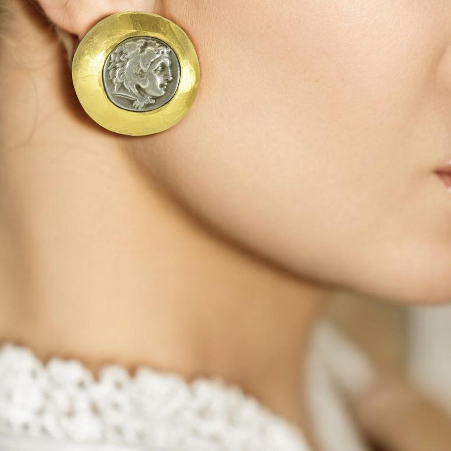 Contemporary Ancient Greek, 330 B.C, Silver Coins Set in 22K Gold Hand Hammered Earrings. For Sale