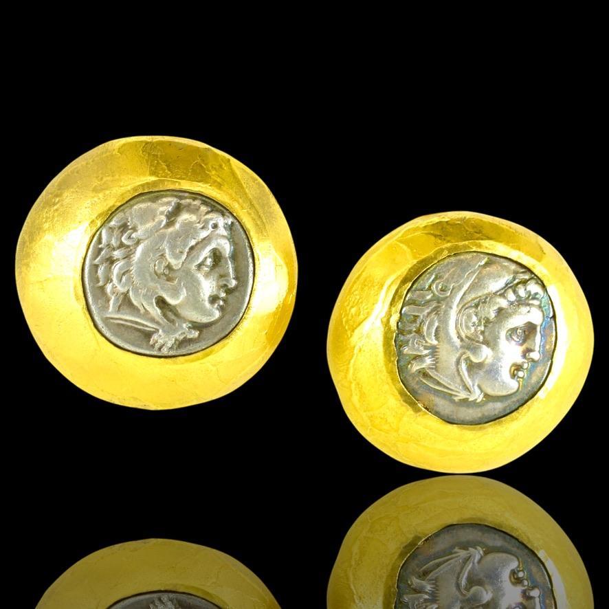 Ancient Greek, 330 B.C, Silver Coins Set in 22K Gold Hand Hammered Earrings. In Excellent Condition For Sale In Aspen, CO