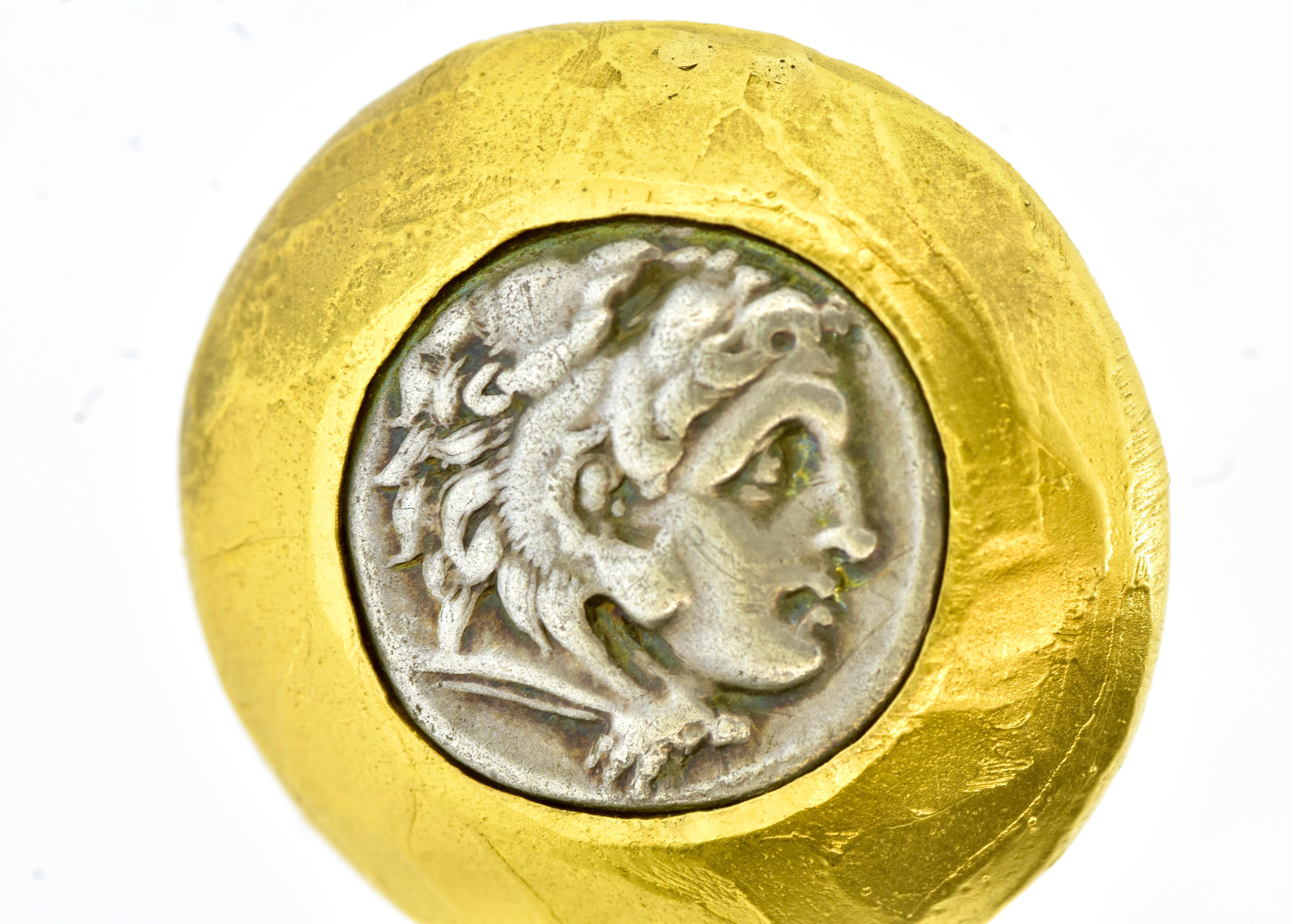 Women's Ancient Greek, 330 B.C, Silver Coins Set in 22K Gold Hand Hammered Earrings. For Sale