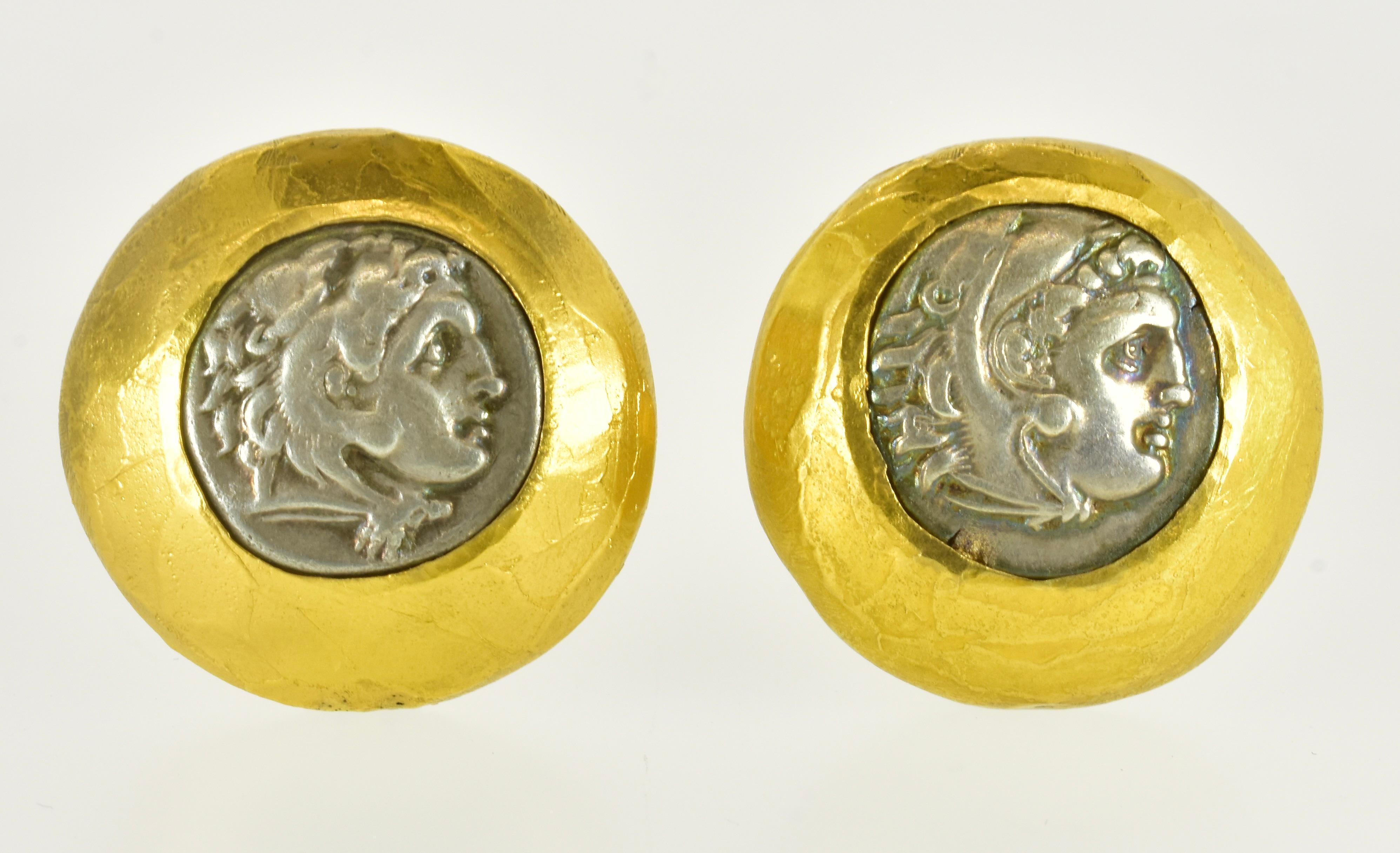Ancient Greek, 330 B.C, Silver Coins Set in 22K Gold Hand Hammered Earrings. For Sale 1