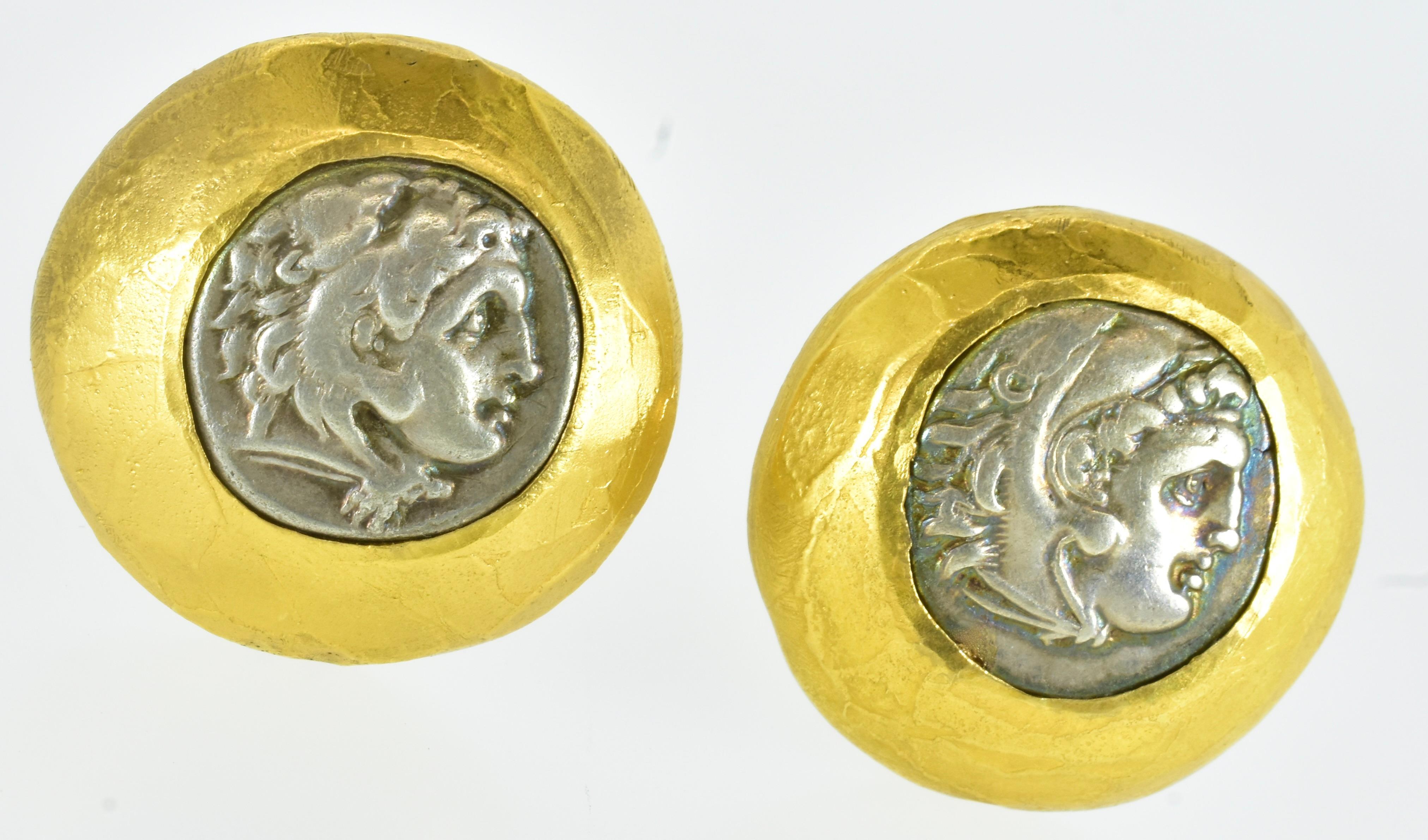 Ancient Greek, 330 B.C, Silver Coins Set in 22K Gold Hand Hammered Earrings. For Sale 3