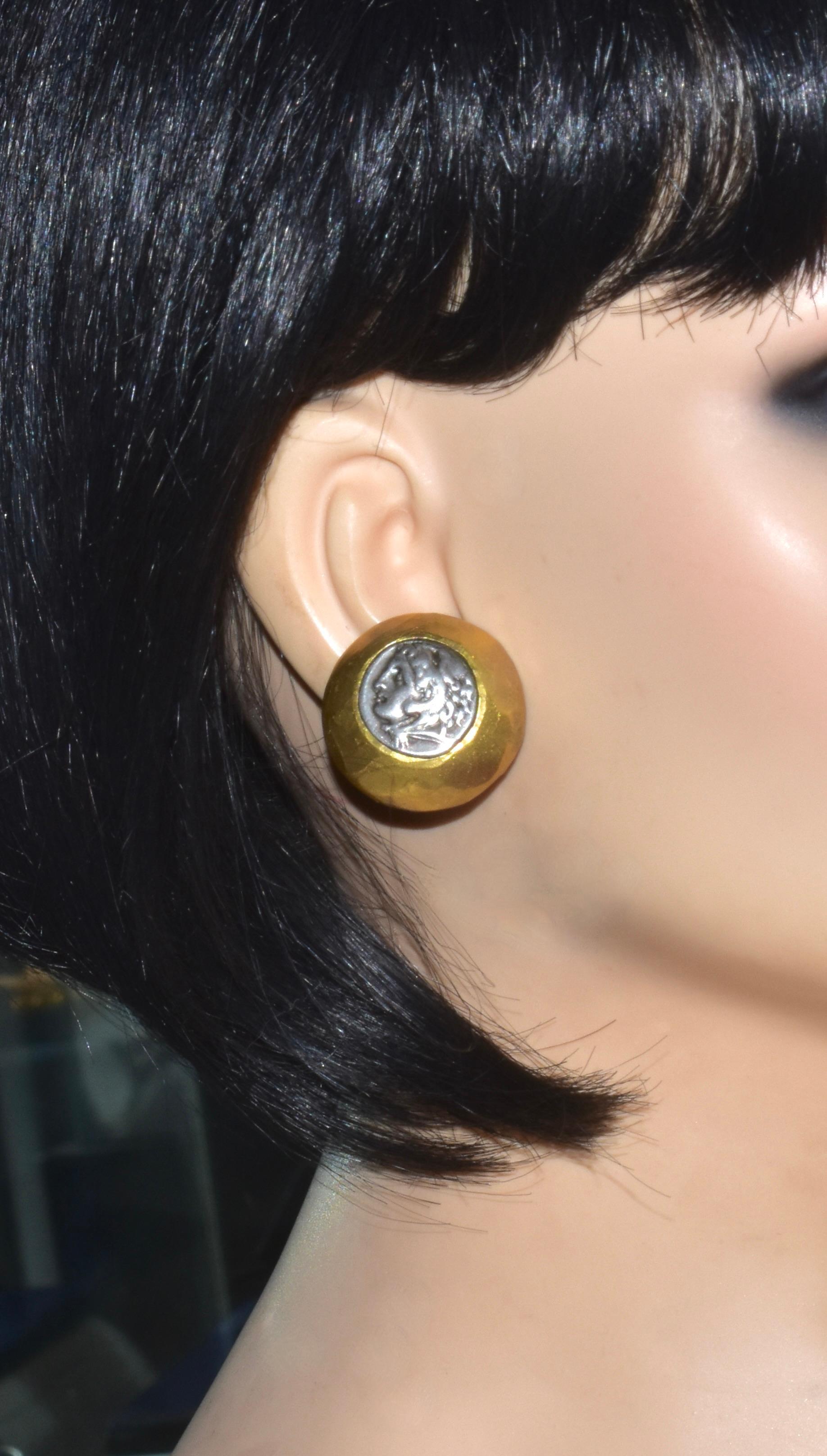 Ancient Greek, 330 B.C, Silver Coins Set in 22K Gold Hand Hammered Earrings. 4