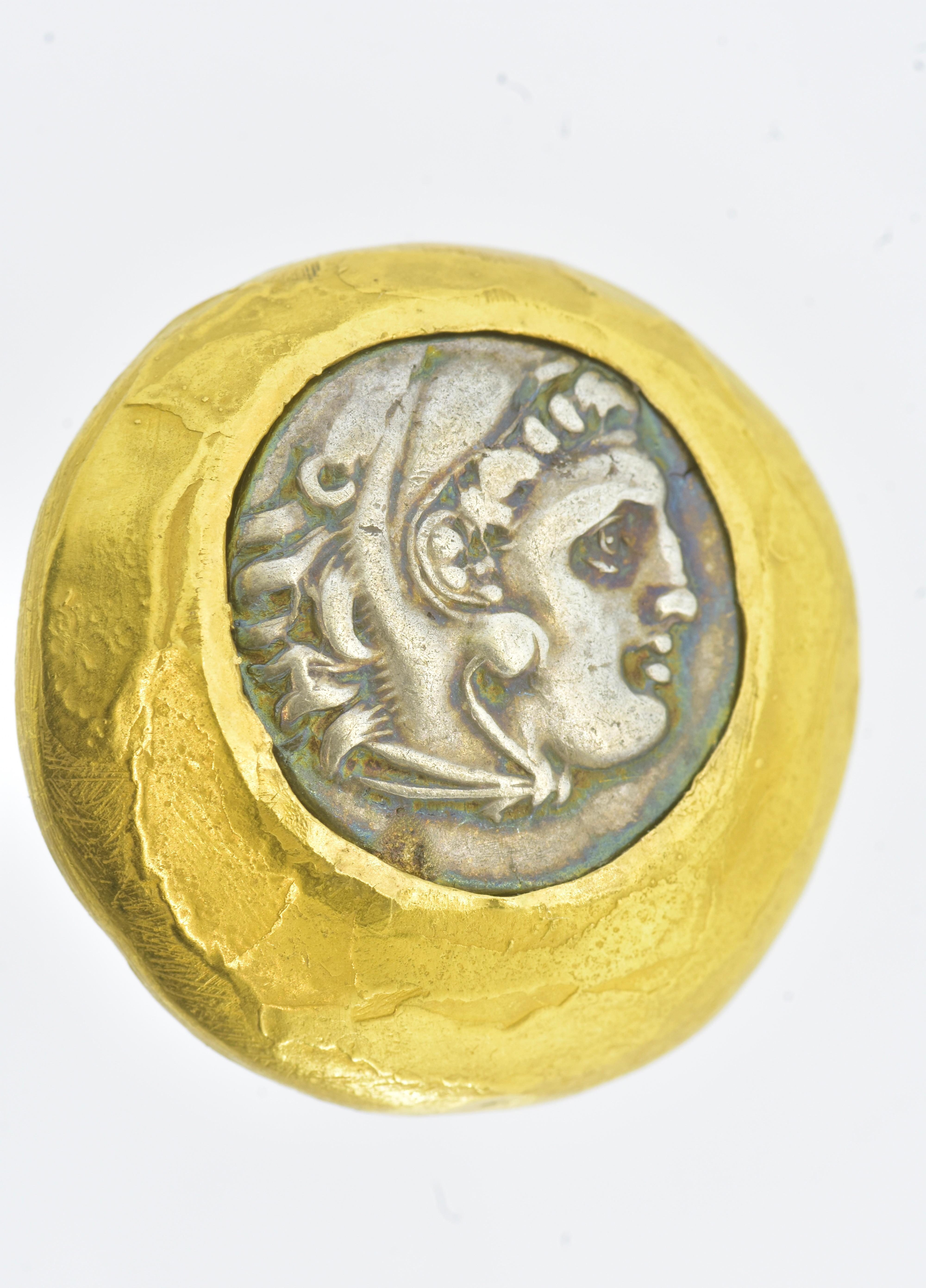 Ancient Greek, 330 B.C, Silver Coins Set in 22K Gold Hand Hammered Earrings. For Sale 4
