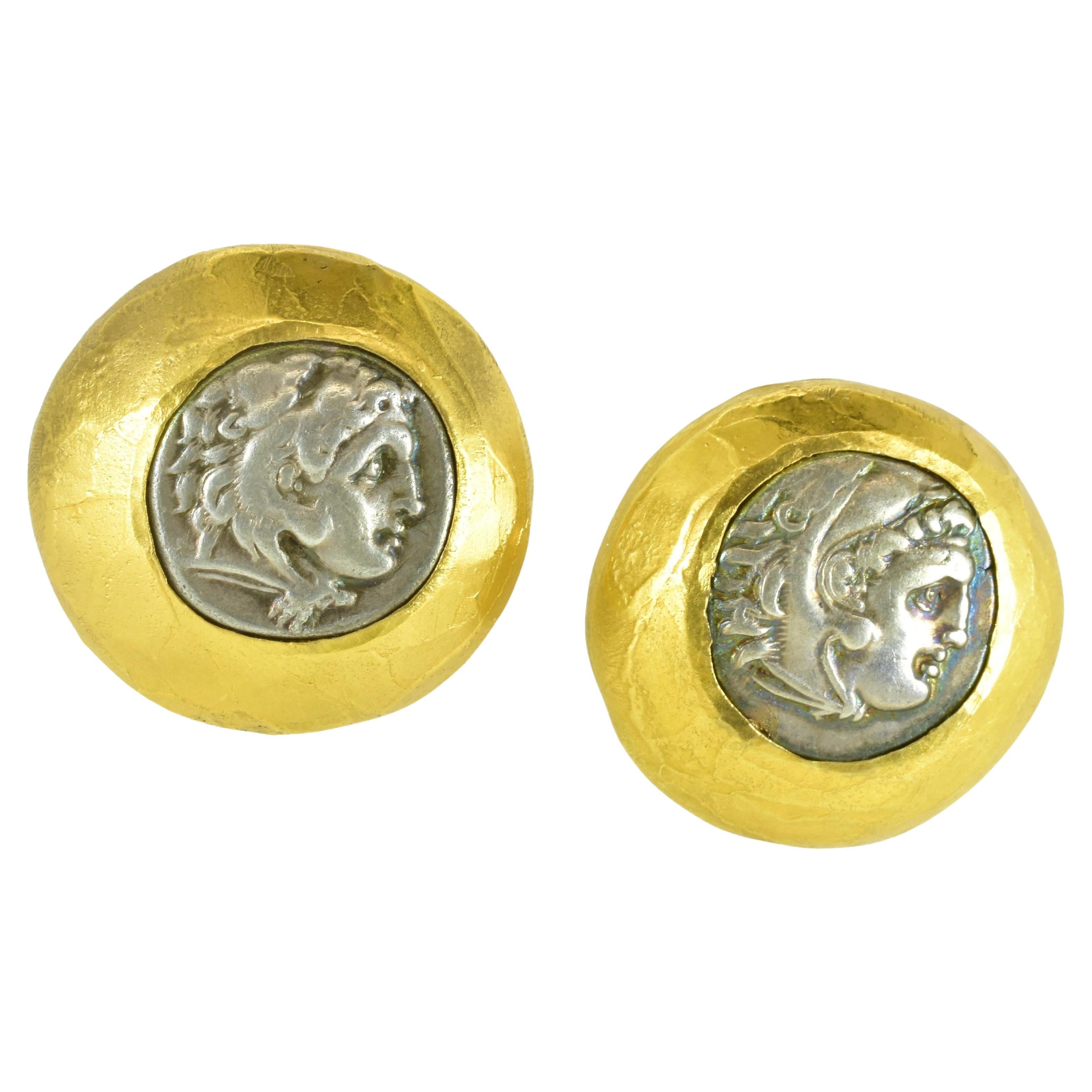 Ancient Greek, 330 B.C, Silver Coins Set in 22K Gold Hand Hammered Earrings. For Sale
