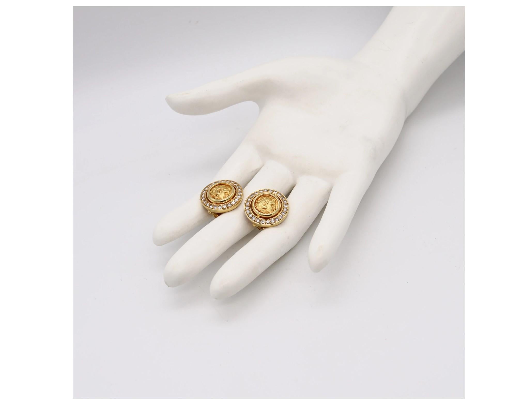 Brilliant Cut Ancient Greek 359 BC Classic Gold Coin Earrings 18Kt Gold with 2.42 Cts Diamonds For Sale