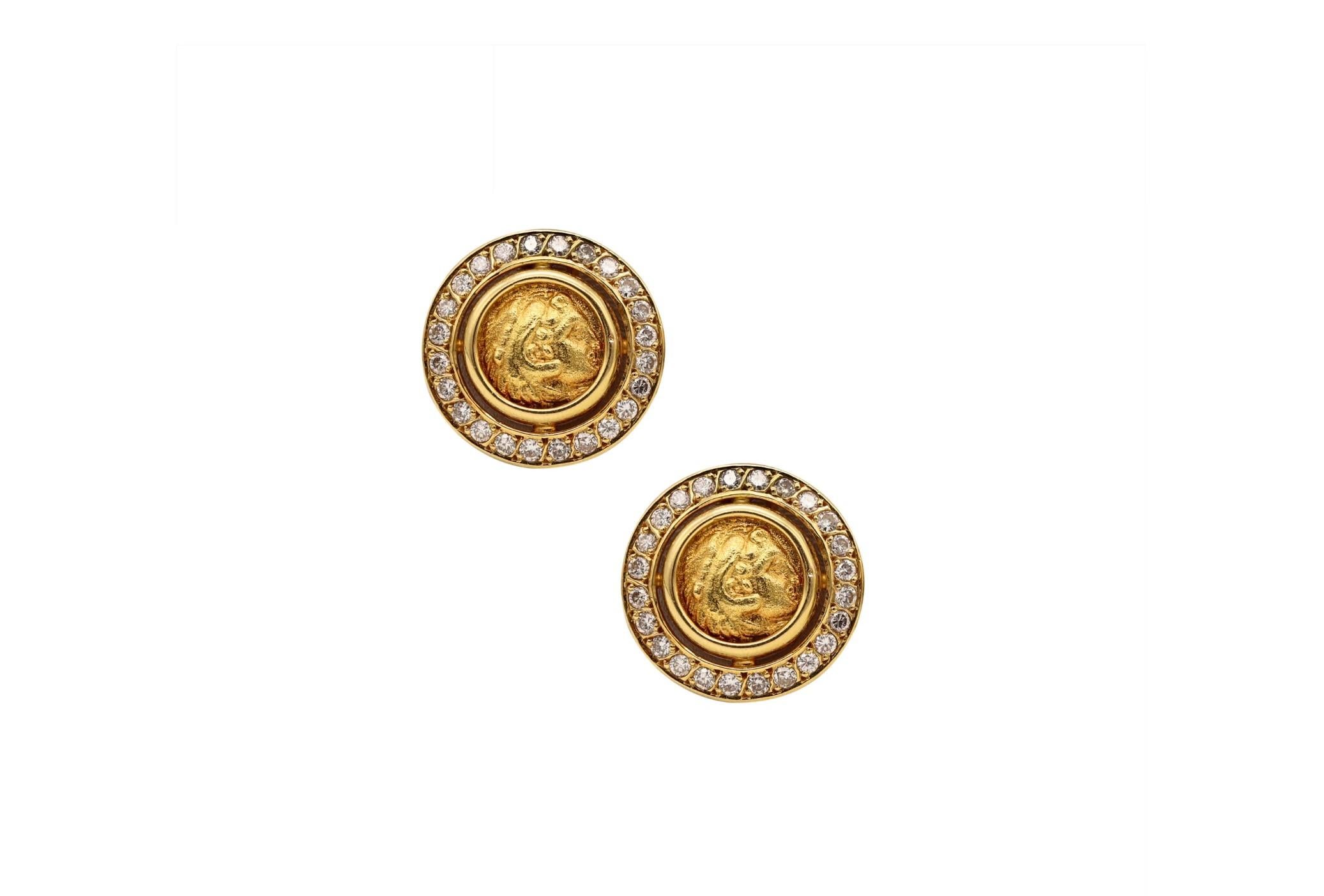 Ancient Greek 359 BC Classic Gold Coin Earrings 18Kt Gold with 2.42 Cts Diamonds In Excellent Condition For Sale In Miami, FL