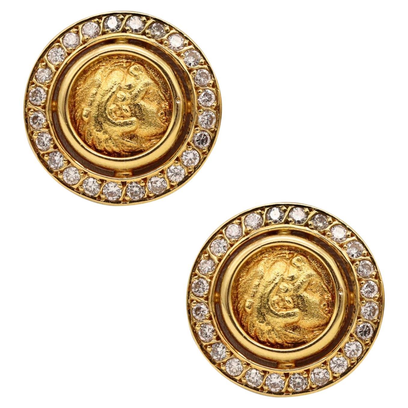 Boucles d'oreilles en or 18 carats avec pièce de monnaie grecque classique de 359 avant J.-C. et diamants de 2,42 carats