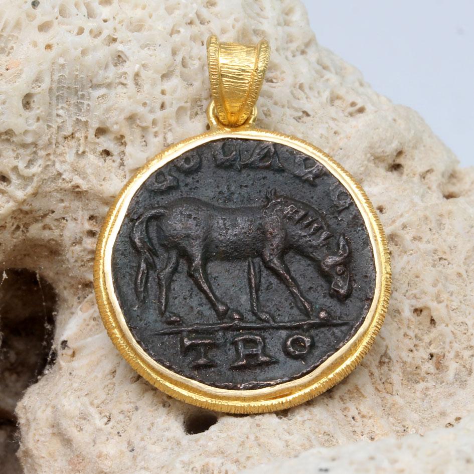 Women's or Men's Ancient Greek 3rd Century AD Bronze Horse Coin 18K Gold Pendant