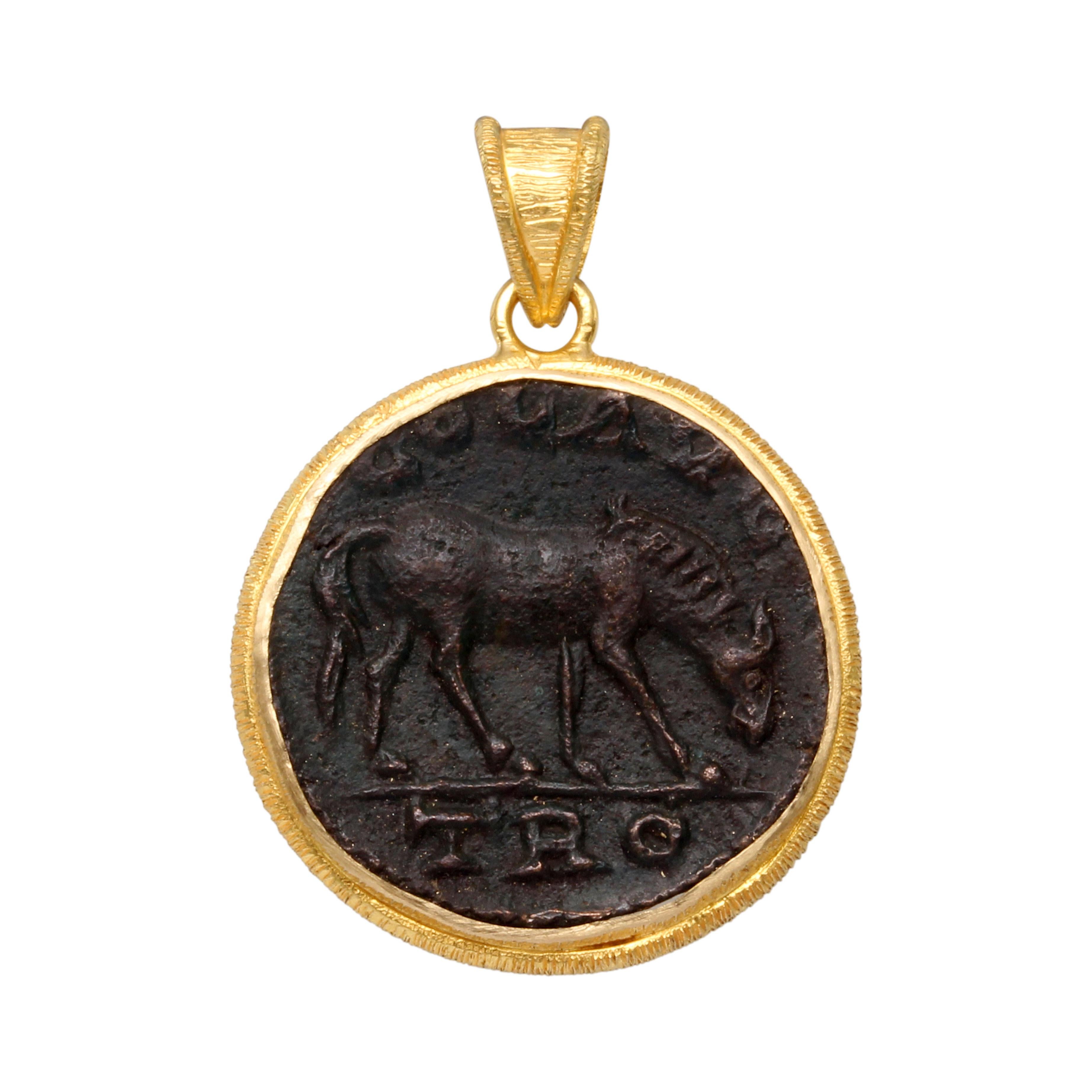 Ancient Greek 3rd Century AD Bronze Horse Coin 18K Gold Pendant 1