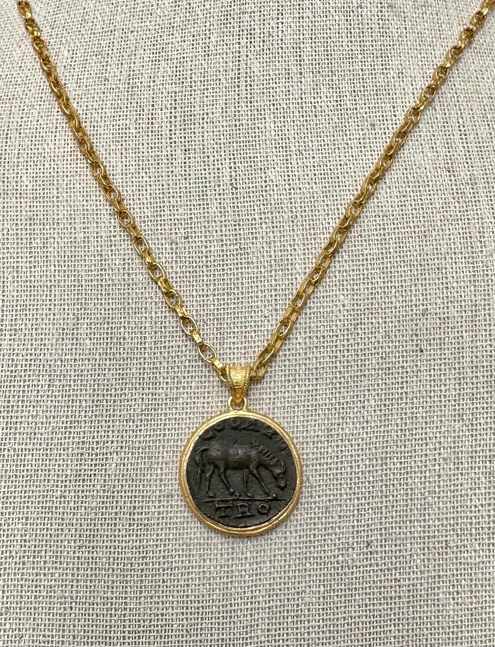 Ancient Greek 3rd Century AD Bronze Horse Coin 18K Gold Pendant 3