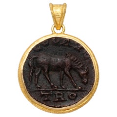 Ancient Greek 3rd Century AD Bronze Horse Coin 18K Gold Pendant