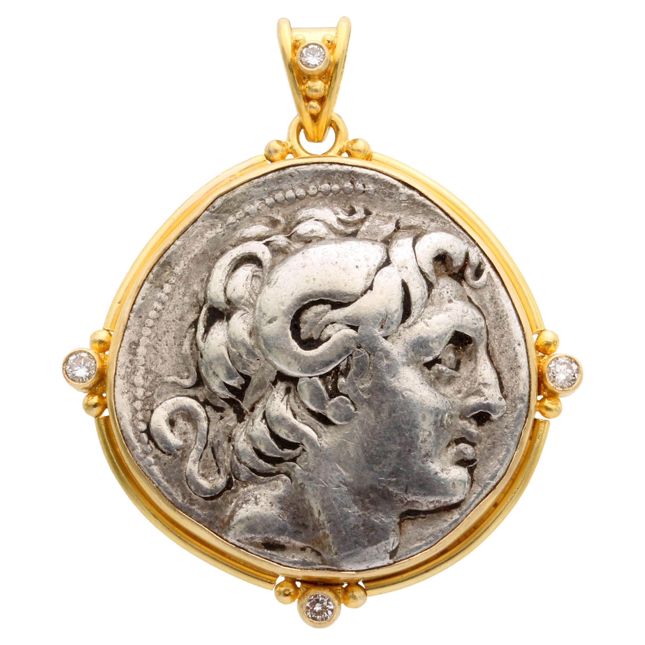 Ancient Greek 3rd Century BC Alexander Coin Diamonds 18K Gold Pendant