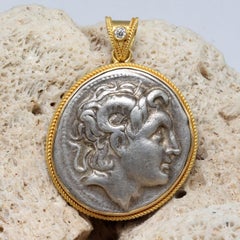 Ancient Greek 3rd Century BC Alexander the Great Coin Diamond 18K Gold Pendant