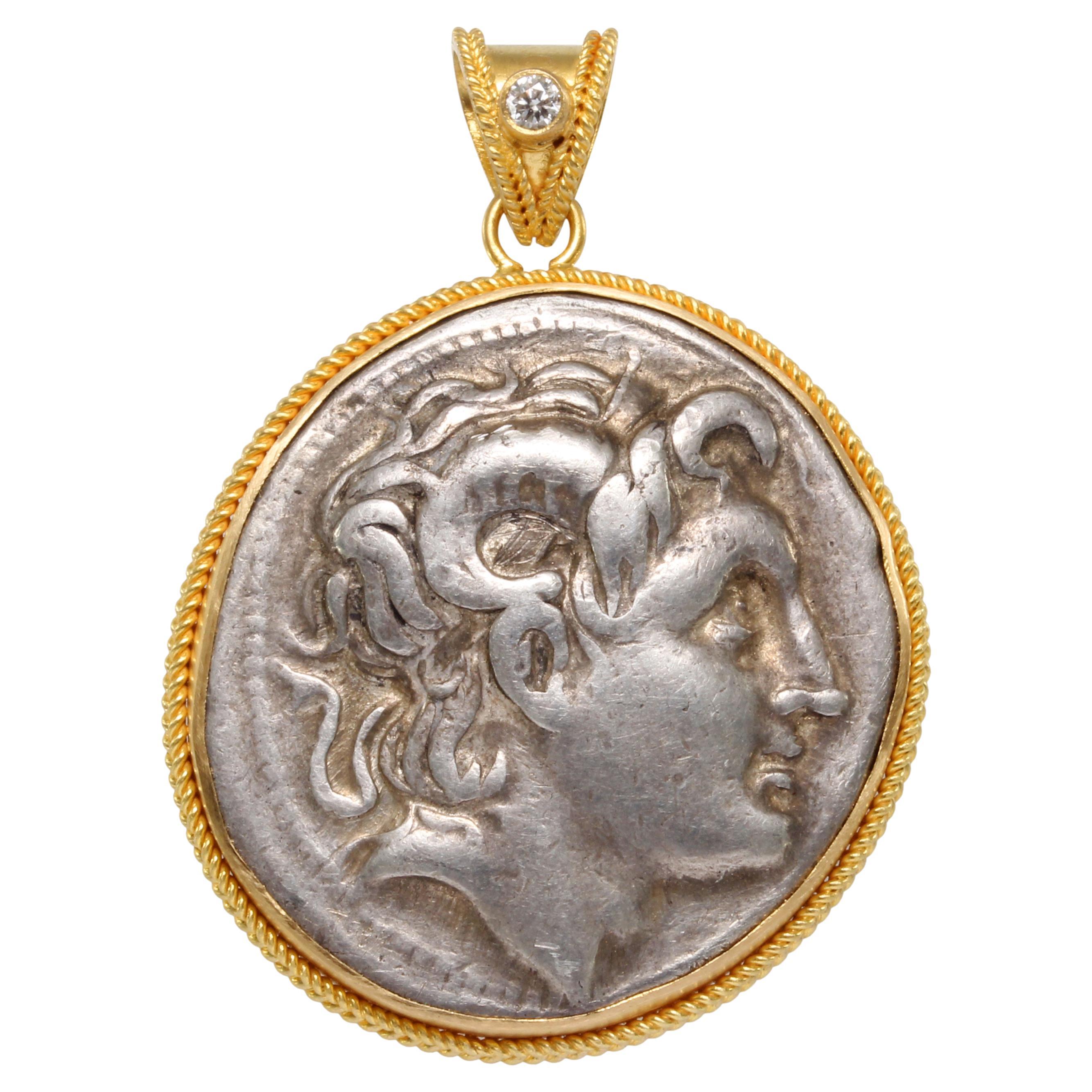 Ancient Greek 3rd Century BC Alexander the Great Coin Diamond 18K Gold Pendant