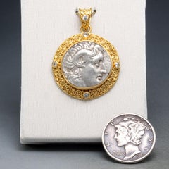 Ancient Greek 3rd Century BC Alexander the Great Coin Diamonds 22K Gold Pendant