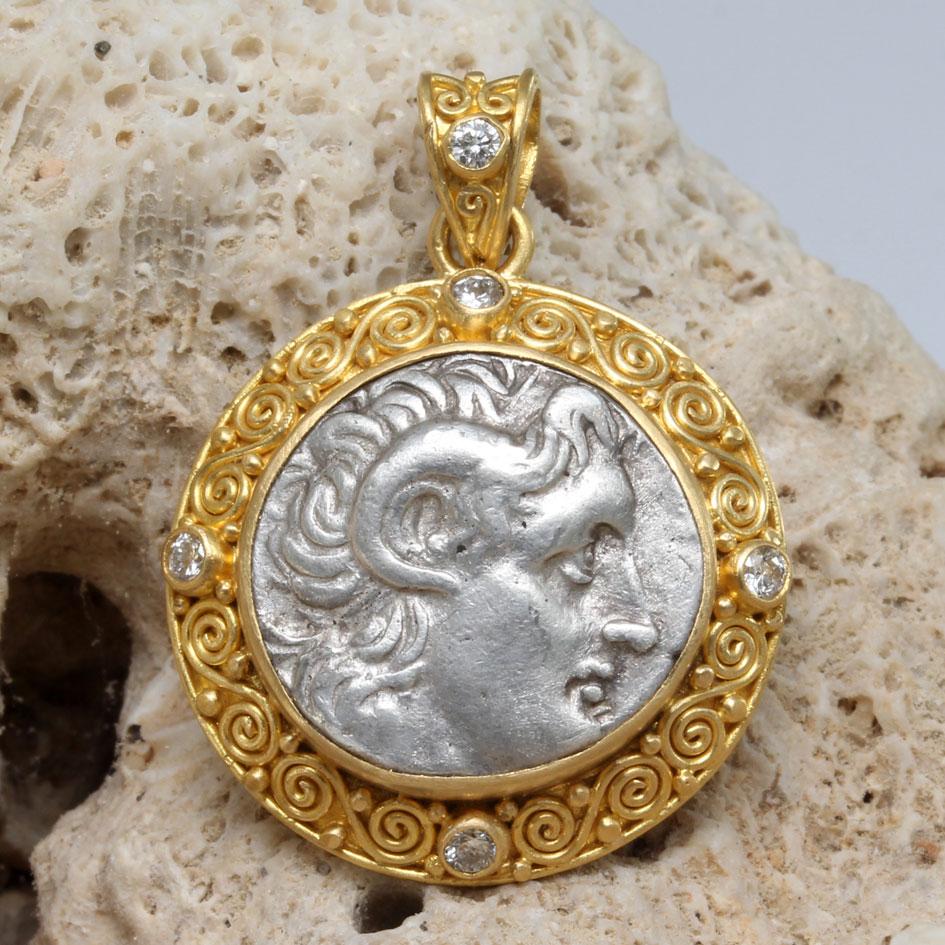 Pendentif en or 22K avec pièce de monnaie grecque ancienne du 3e siècle av. J.-C. Alexander the Great Diamonds Neuf - En vente à Soquel, CA