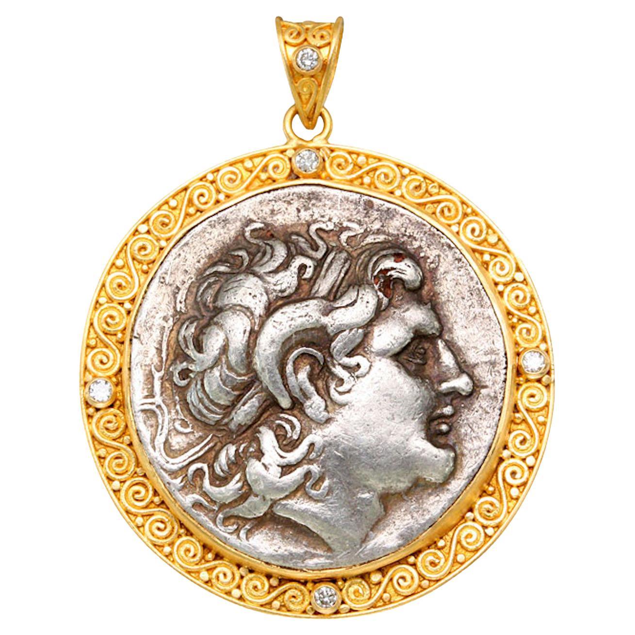 Pendentif en or 22K avec pièce de monnaie grecque ancienne du 3e siècle av. J.-C. Alexander the Great Diamonds
