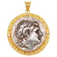 Antique Ancient Greek 3rd Century BC Alexander the Great Coin Diamonds 22K Gold Pendant