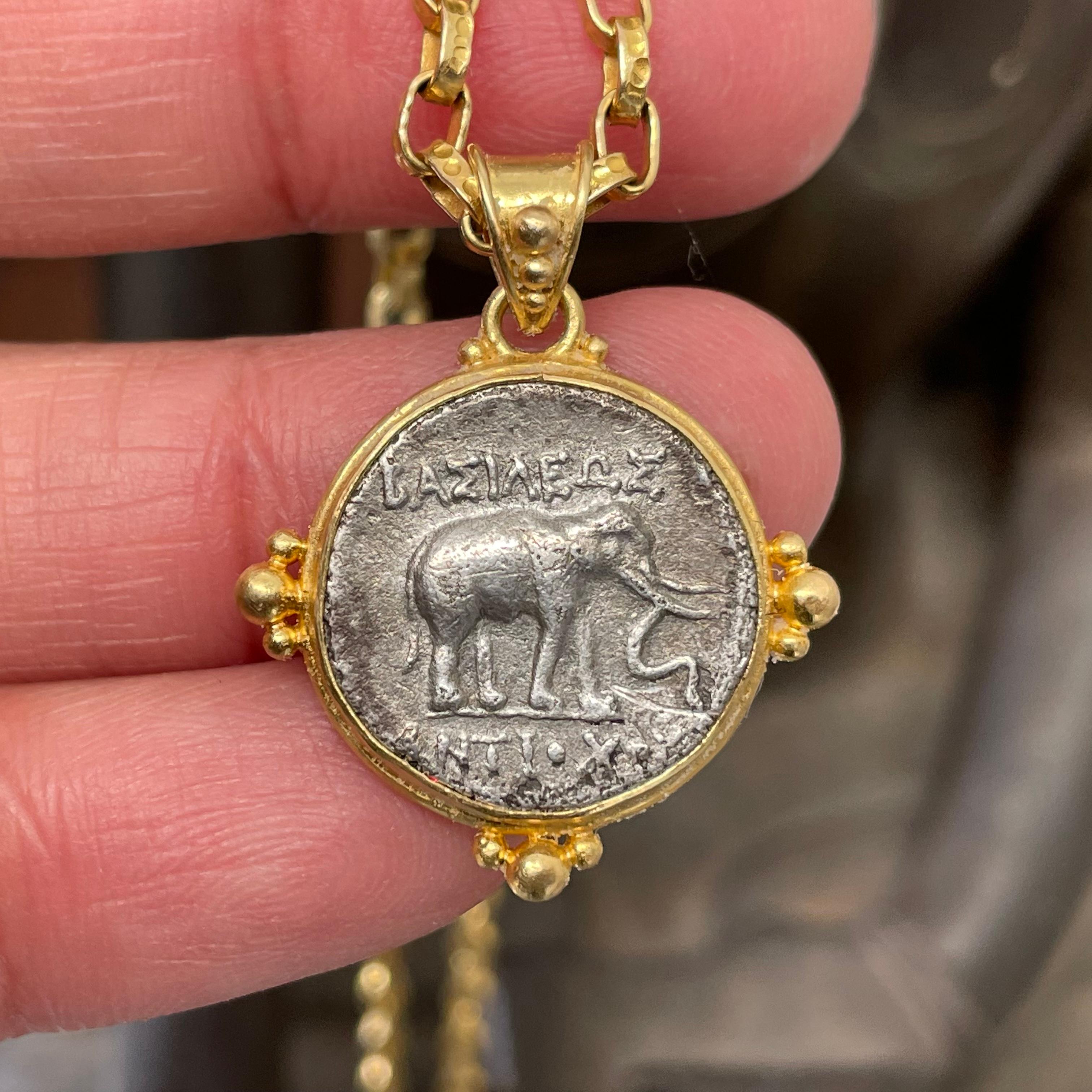 Classical Greek Ancient Greek 3rd Century BC Antiochus Elephant Coin 18K Gold Pendant  For Sale