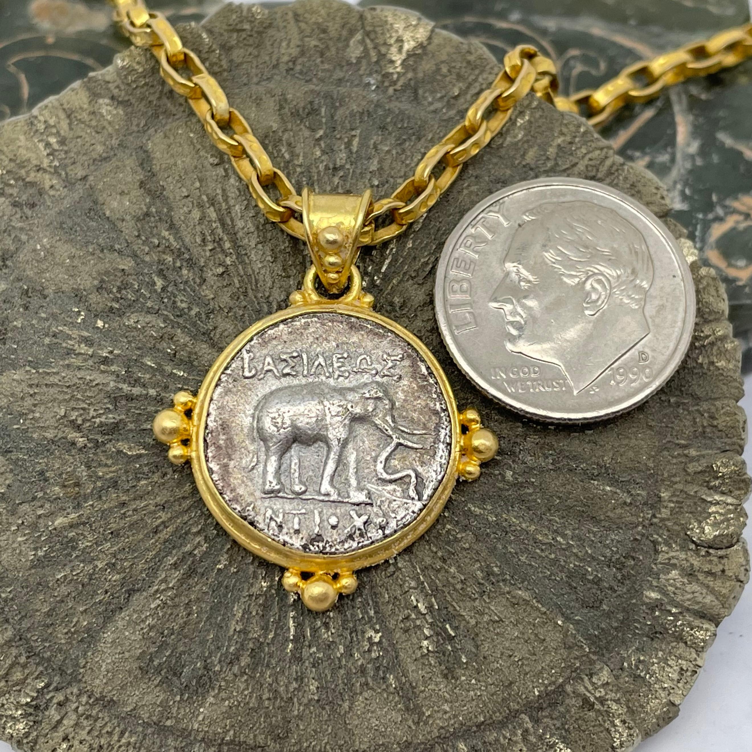 Women's or Men's Ancient Greek 3rd Century BC Antiochus Elephant Coin 18K Gold Pendant  For Sale