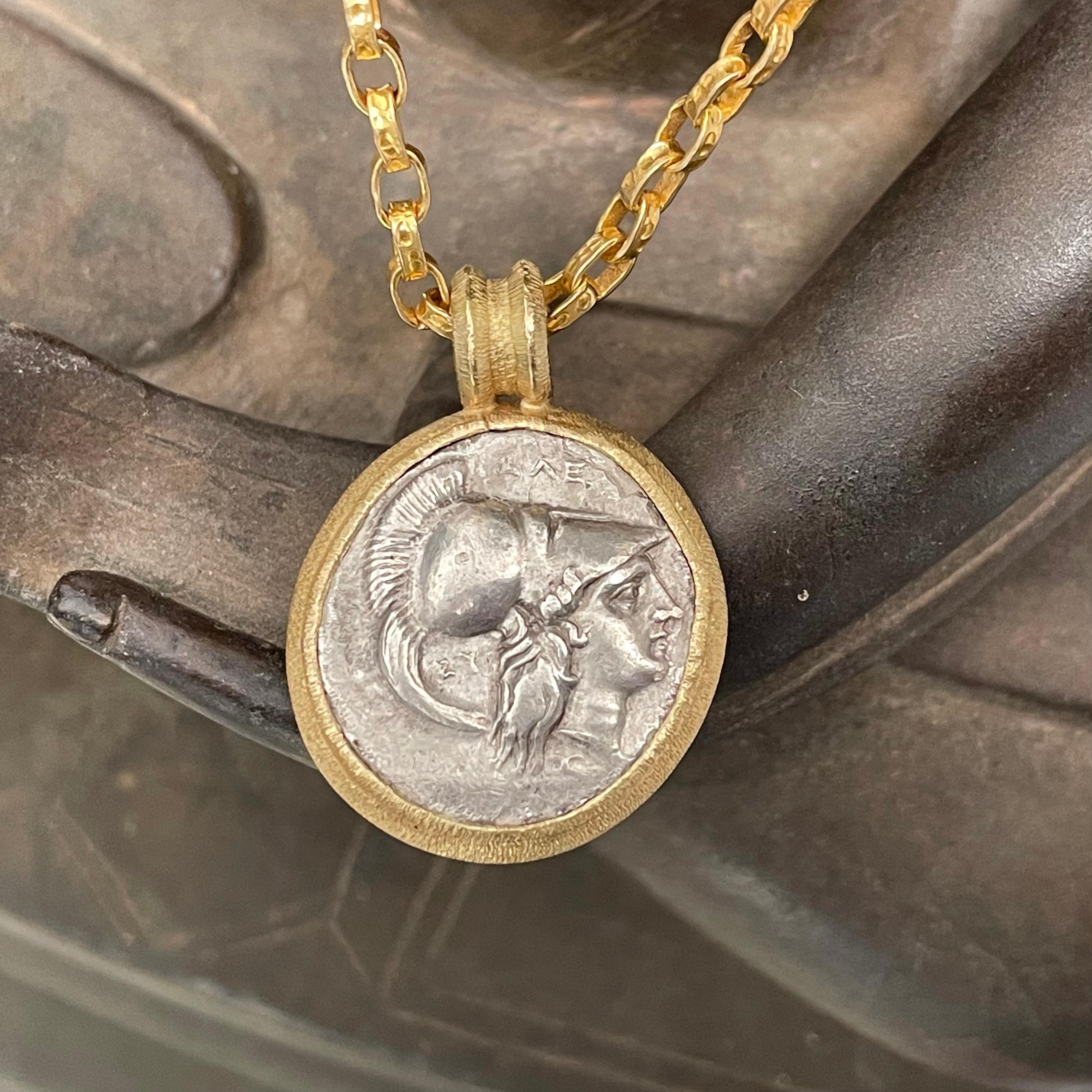  Pendentif en or 18K avec pièce de monnaie Athéna de l'Antiquité grecque du IIIe siècle avant J.-C. Unisexe 