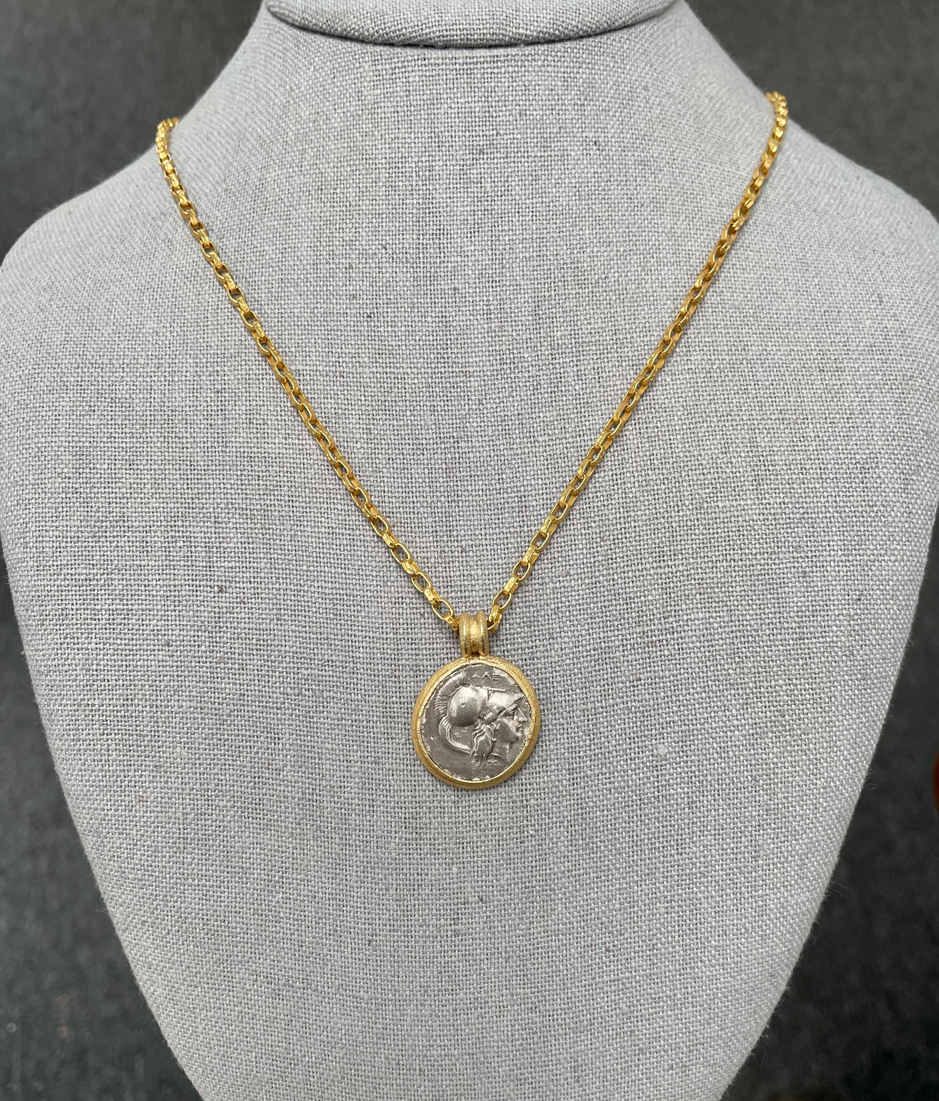 Pendentif en or 18K avec pièce de monnaie Athéna de l'Antiquité grecque du IIIe siècle avant J.-C. 1