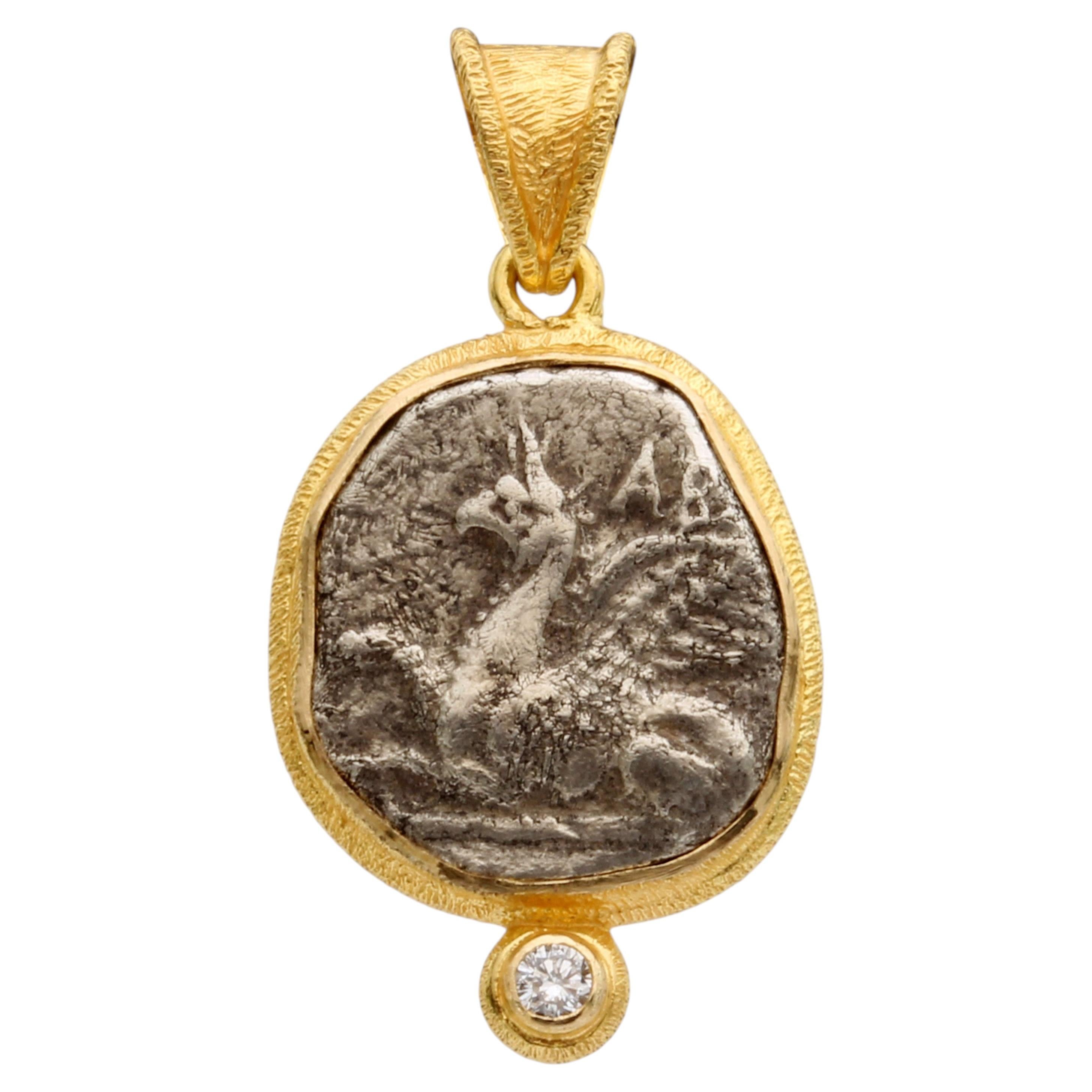 Ancient Greek 3rd Century BC Griffin Coin Diamond 18K Gold Pendant
