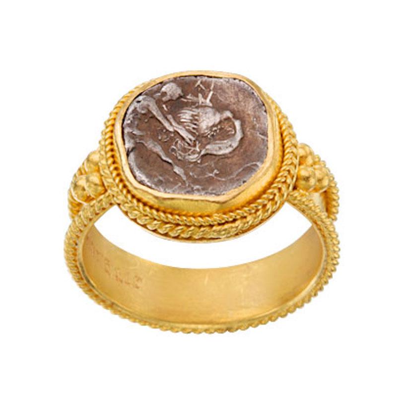 Bague en or 22 carats avec pièce de monnaie lion Hercule de la Grèce antique, IIIe siècle avant J.-C.