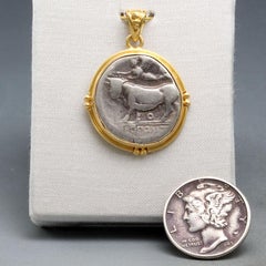 Ancient Greek 3rd Century BC Man-Headed Bull and Nike Coin 18K Gold Pendant
