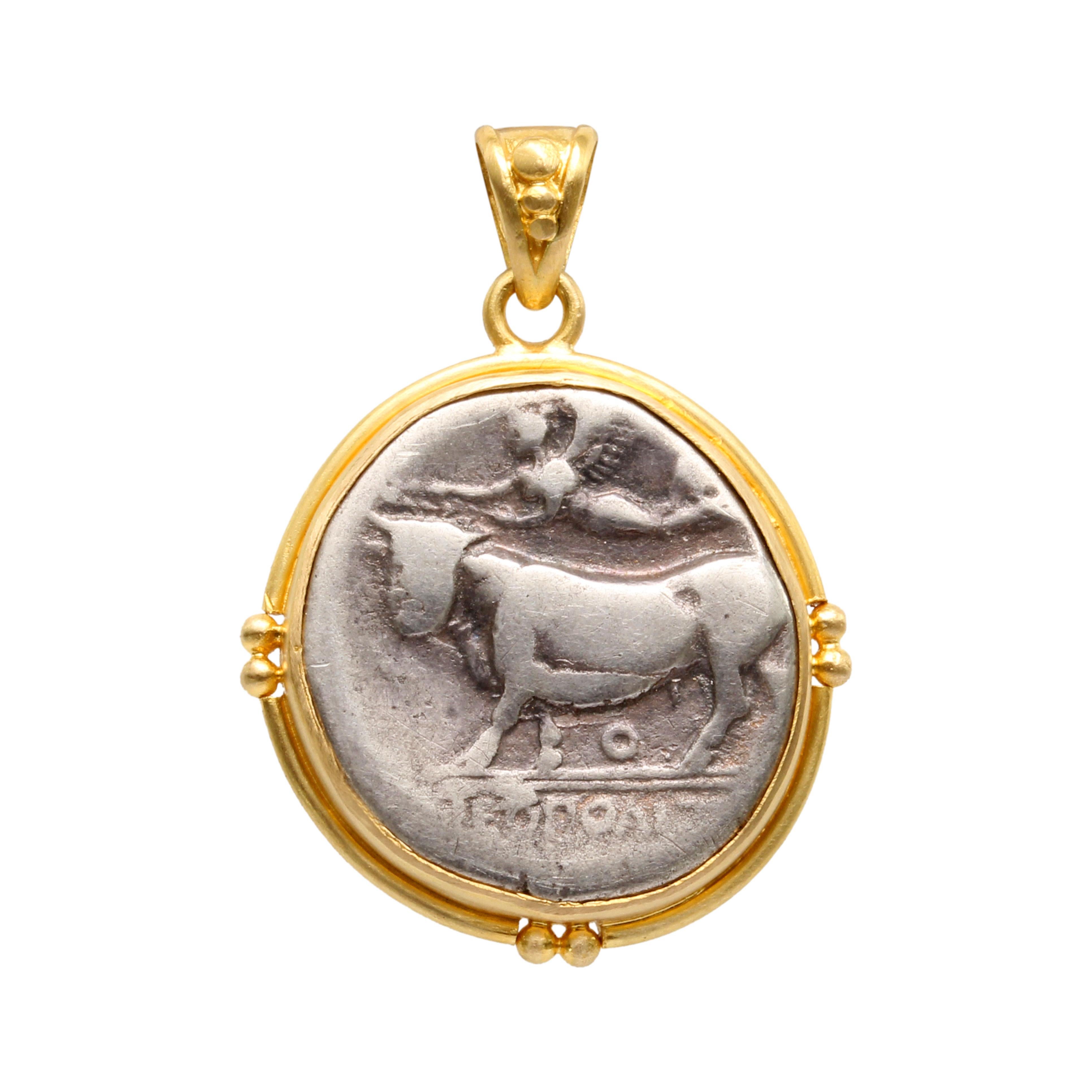 Ancient Greek 3rd Century BC Man-Headed Bull and Nike Coin 18K Gold Pendant For Sale
