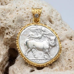 Ancient Greek 3rd Century BC Nike and Man-Headed Bull Coin 22K Gold Pendant