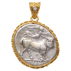 Ancient Greek 3rd Century BC Nike and Man-Headed Bull Coin 22K Gold Pendant