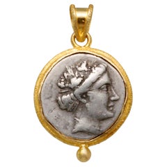 Ancient Greek 3rd Century BC Nymph Coin 18K Gold Pendant