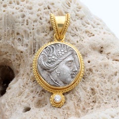 Ancient Greek 3rd Century BC Nymph Coin Diamond 18K Gold Pendant