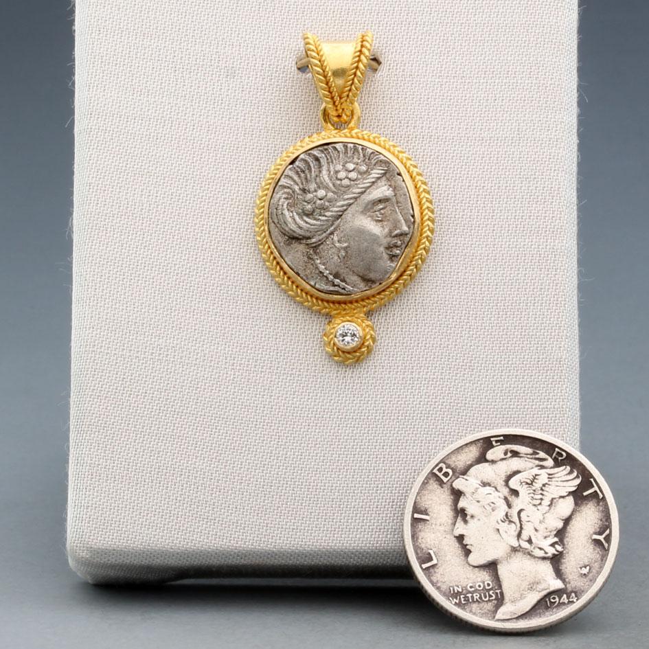 Ancient Greek 3rd Century BC Nymph Coin Diamond 18K Gold Pendant In condizioni Nuovo in vendita a Soquel, CA