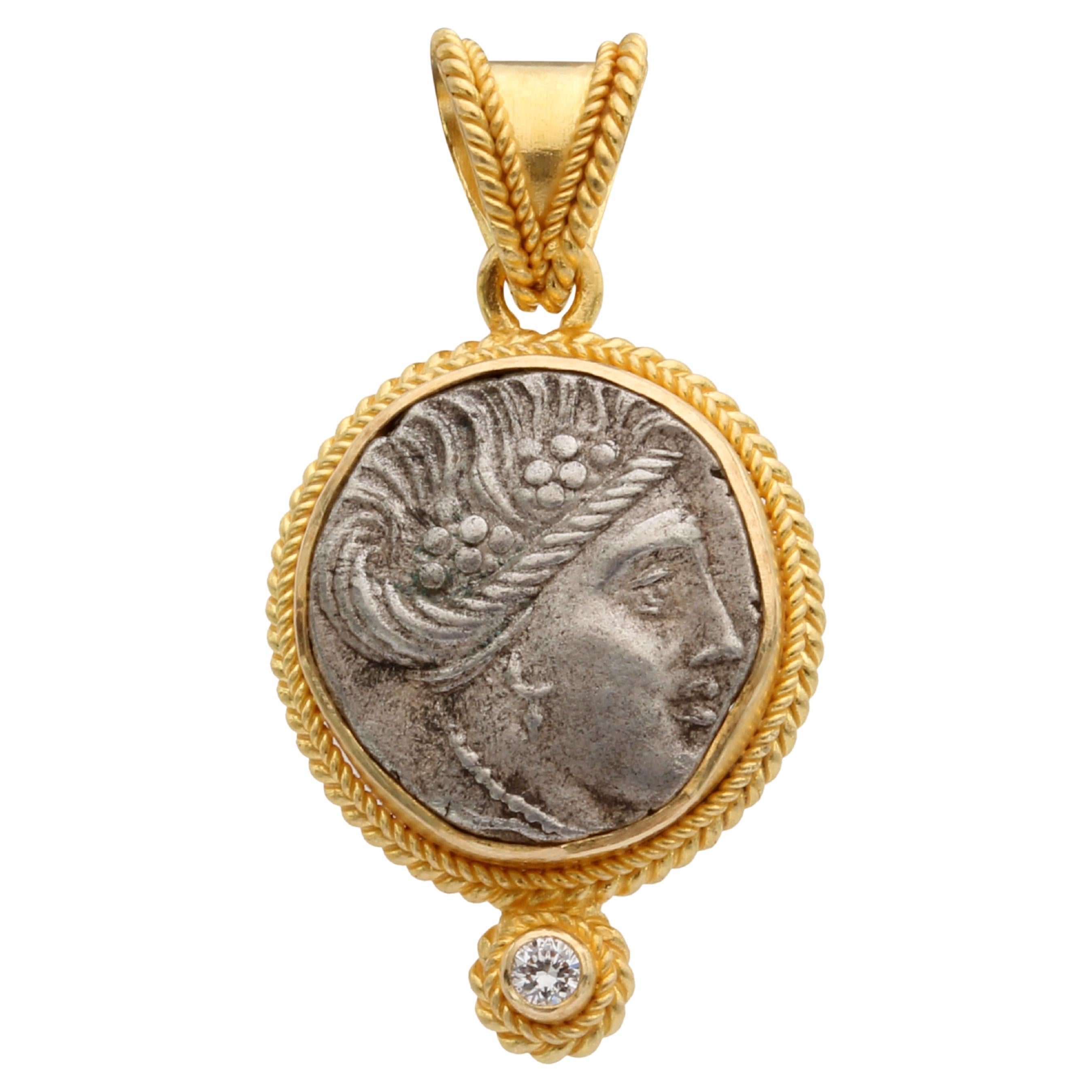 Ancient Greek 3rd Century BC Nymph Coin Diamond 18K Gold Pendant