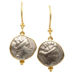 Ancient Greek 3rd Century BC Nymph Histiaia Coin 18K Gold Wire Earrings