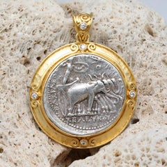 Ancient Greek 3rd Century BC Seleucid Elephants Coin 22K Gold Diamonds Pendant