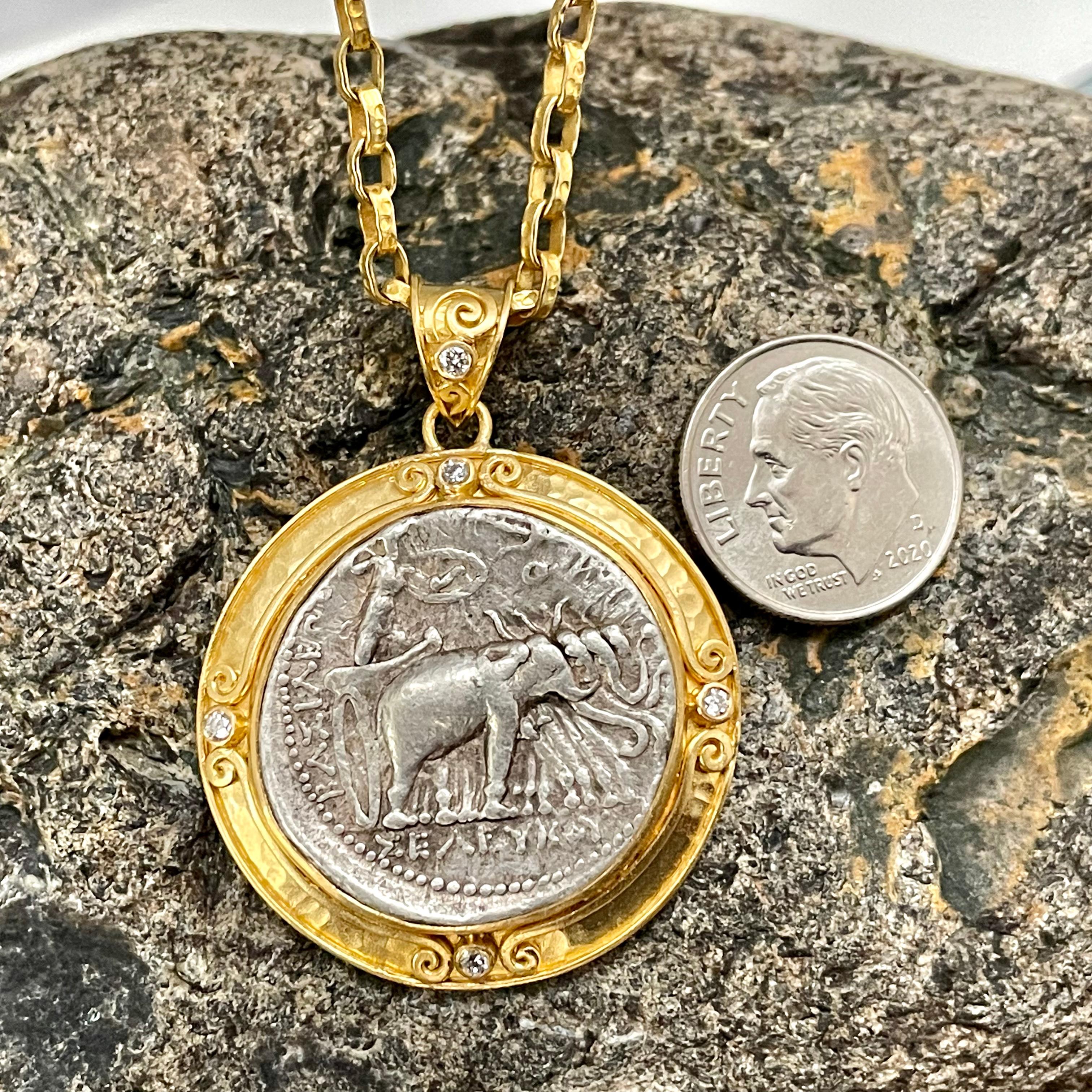 Classical Greek Ancient Greek 3rd Century BC Seleucid Elephants Coin 22K Gold Diamonds Pendant  For Sale