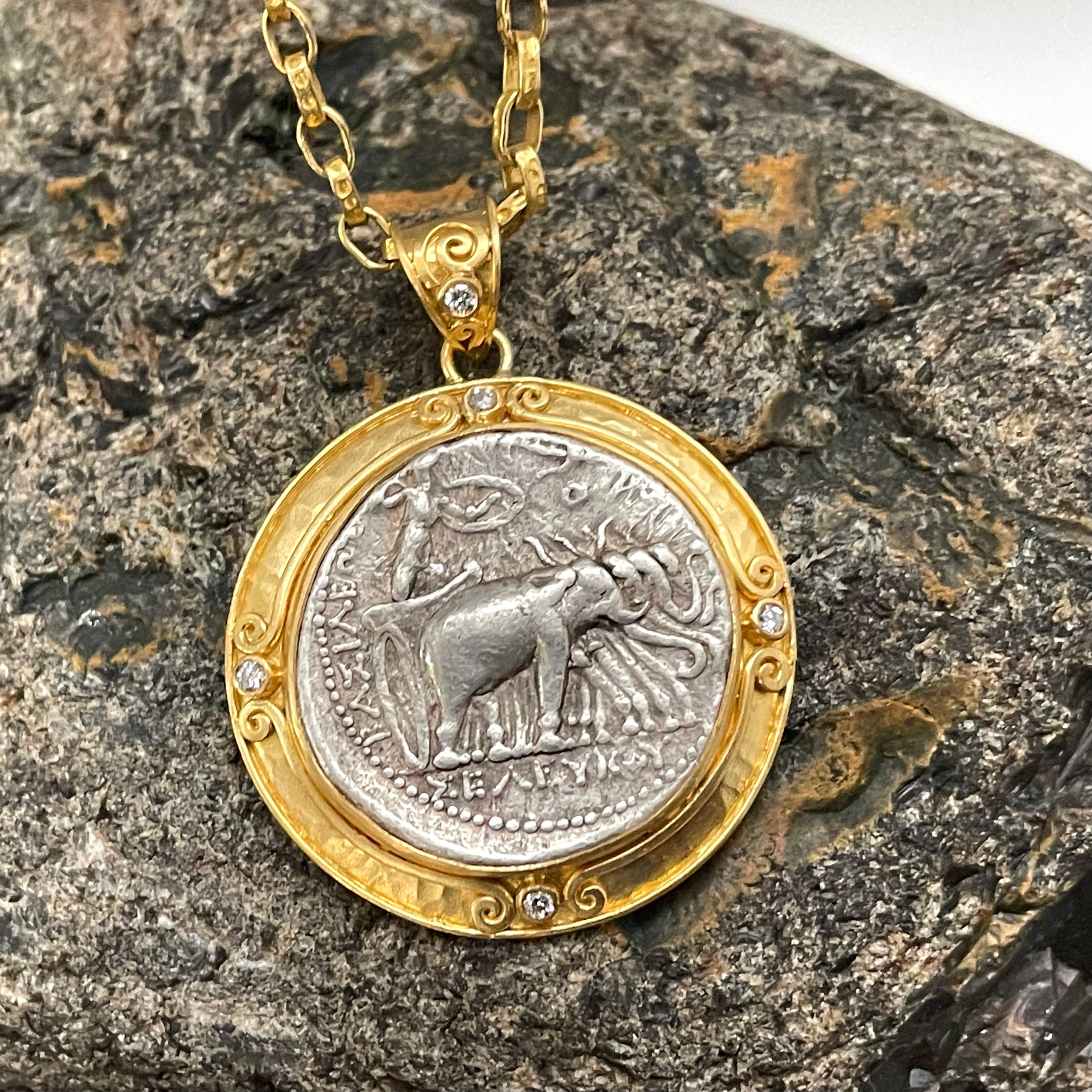 Rose Cut Ancient Greek 3rd Century BC Seleucid Elephants Coin 22K Gold Diamonds Pendant  For Sale